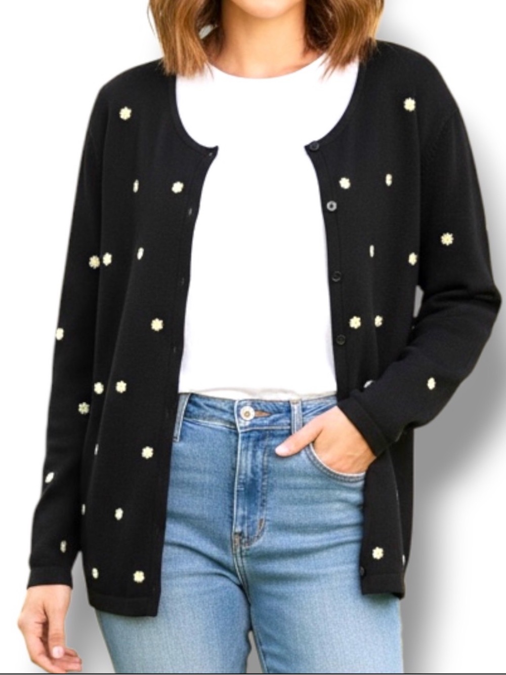 Y2K Baxter & Wells Black Daisy Embroidered Cottagecore 100% Cotton Cardigan L - Picture 6 of 6